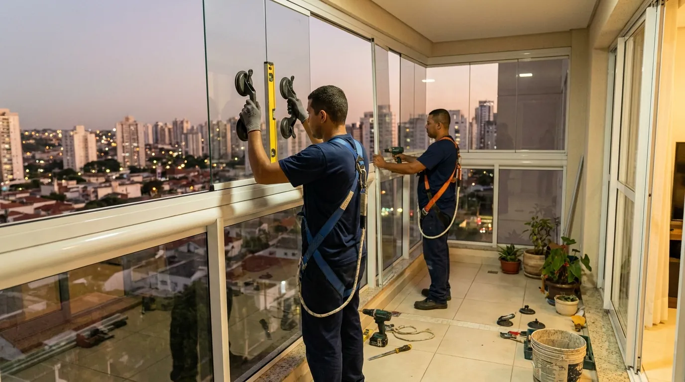 Divisória de vidro montada em ambiente interno